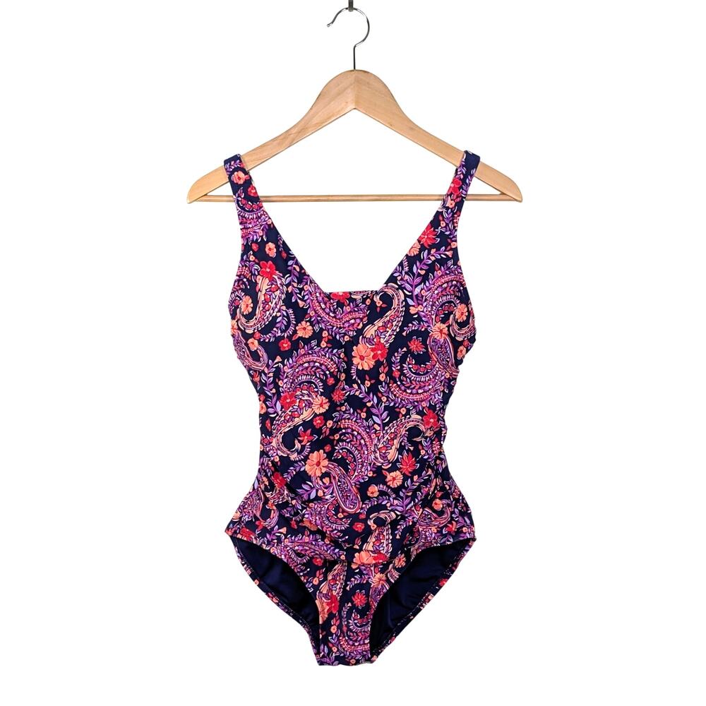 Lands’ End One Piece Tugless Swimsuit Small Modest Paisley Floral Boho Resort